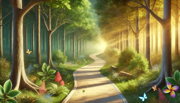 A serene path winding through a forest, symbolizing the journey toward self-actualization. The trees have a mix of vibrant green leaves and golden sun.