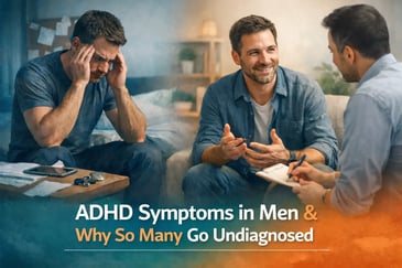 Man struggling with ADHD symptoms sitting overwhelmed, contrasted with adult man receiving therapy support for undiagnosed ADHD symptoms in men during counselling session.