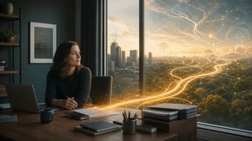 Gifted adult boredom at work — a capable professional staring past a finished task in a quiet office