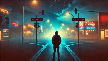 Image show choose the path of continuing using substances to cope, or choosing harm reduction.