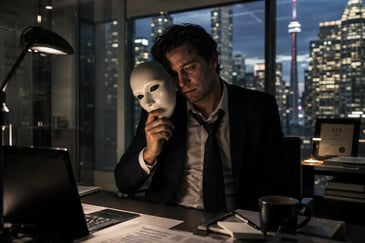 Neurodivergent professional masking burnout in Toronto's Financial District corporate towers.