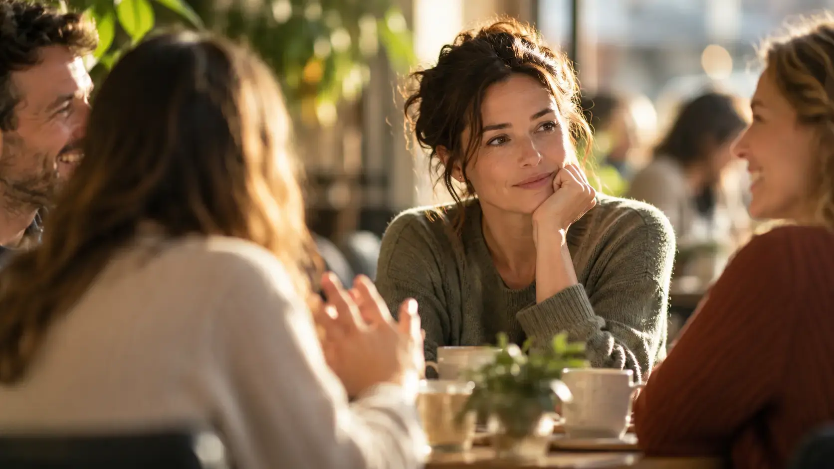 A person reading the room at a dinner table, smiling while their shoulders are tense — people-pleasing as a fawn response