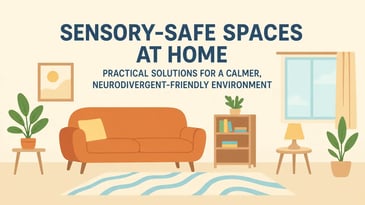 Illustration of a sensory-safe living room with warm colours, soft lighting, plants, and comfortable seating for a calmer, neurodivergent-friendly home.