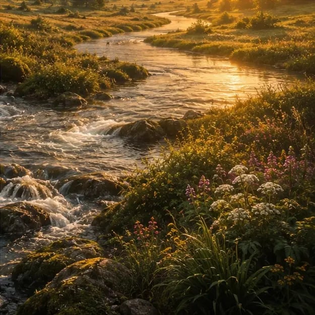 A calm stream winding between rocks, finding its own way downhill — therapy paced to your own nervous system
