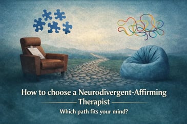 Illustration showing two therapy paths representing how to choose a neurodivergent-affirming therapist in Ontario for ADHD, autism, and AuDHD adults.