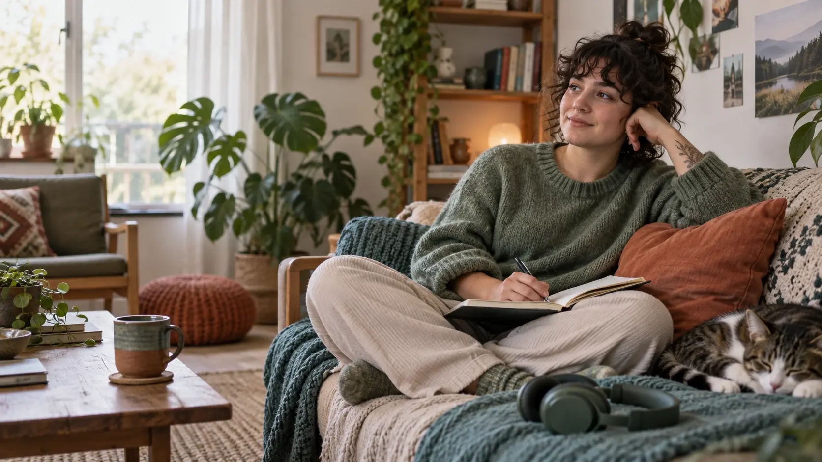 Adult relaxing with a journal in a sunlit living room, illustrating self-understanding and wellbeing through neuroaffirming care.