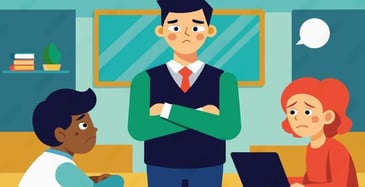 a worried man standing with crossed arms between two coworkers having a difficult conversation in an office setting.”