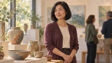 Illustration of a woman standing beside her ceramic artwork while two people converse in the background.