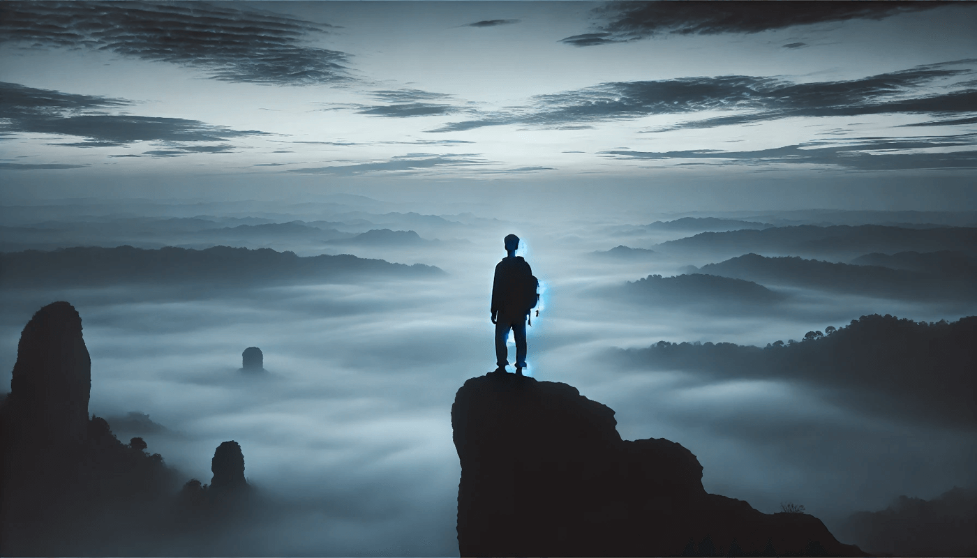 A silhouette stands on a misty cliff, gazing at a vast, foggy horizon, symbolizing existential uncertainty, psychological flexibility, and the freedom of embracing the unknown. The serene scene reflects navigating life’s uncertainties with openness and possibility.