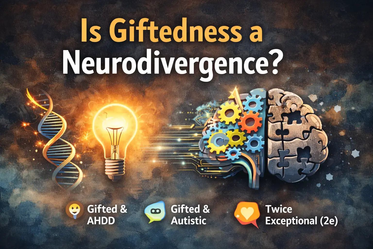 Conceptual illustration asking “Is giftedness neurodivergent?” depicting the twice exceptional (2e) brain, giftedness with ADHD and autism, and the paradox of brilliance alongside burnout.