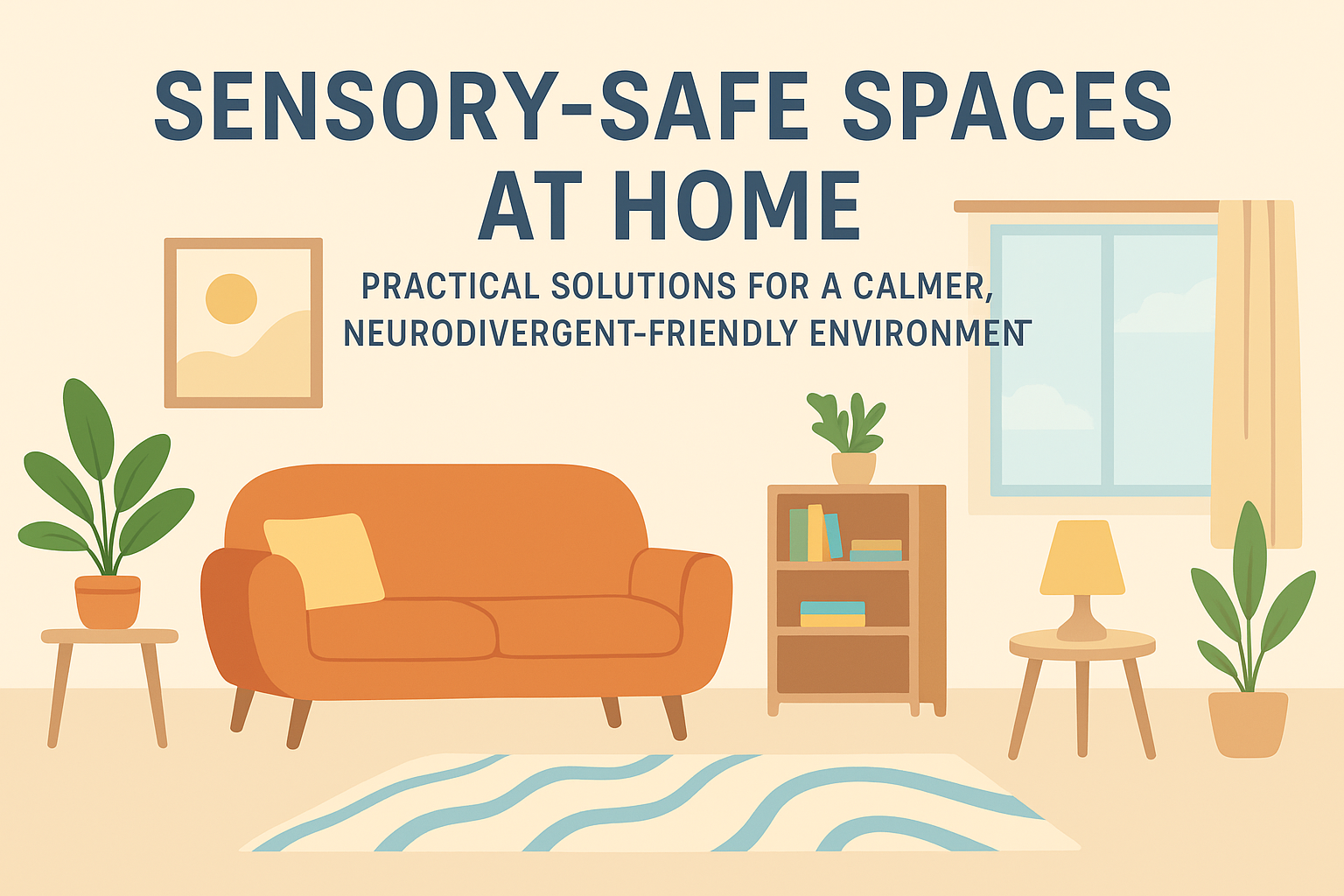 Illustration of a calming living room with plants, an orange sofa, bookshelf, and window, featuring the text 'Sensory-Safe Spaces at Home: Practical Solutions for a Calmer, Neurodivergent-Friendly Environment'."